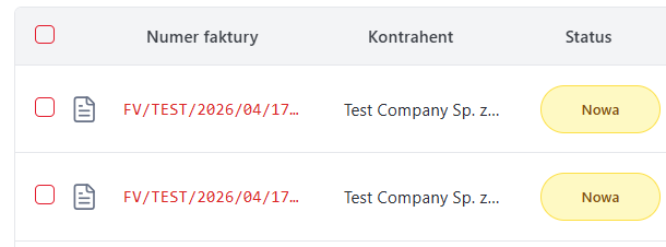 KSEFEO — lista faktur ze statusem Nowa