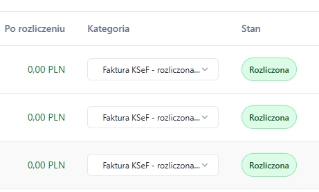 Lista transakcji z automatycznie przypisaną kategorią Faktura KSeF i stanem Rozliczona