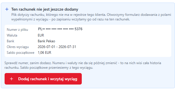 KSeFEO rozpoznaje, że rachunek bankowy nie jest jeszcze dodany, i proponuje dodanie go z danymi z wyciągu