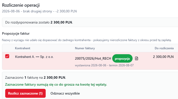 Ekran ręcznego rozliczenia operacji z propozycjami faktur do zaznaczenia